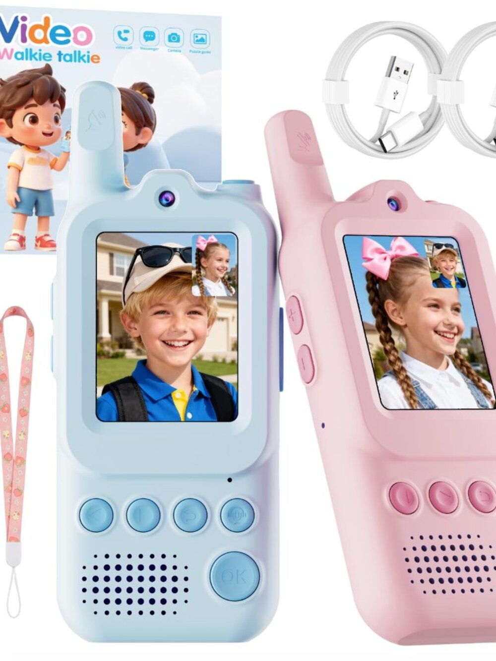 Kids' Video Walkie Talkies 2-Pack - Rechargeable, Voice Changer, 1300FT Range (P